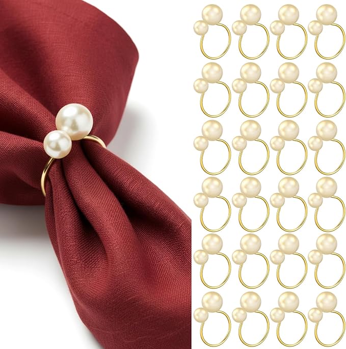 Sliner 36 Pcs Pearl Napkin Rings, Gold Table Napkin Holder Buckles for Dinning Table Setting Christmas Wedding Party Supplies