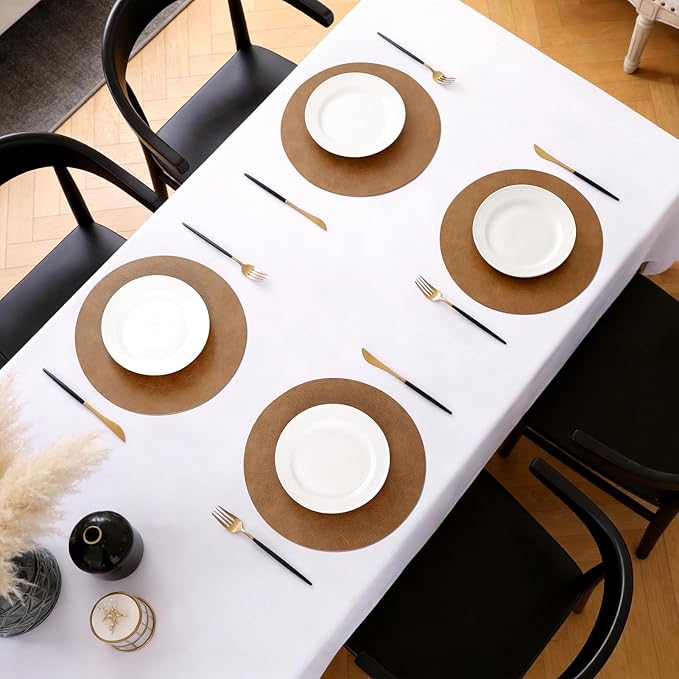 MOSAYT 13 Inch Round Vinyl Placemats Set of 6 - Faux Leather 100% Waterproof Oil-Proof Wipeable PU Place Mats, Heat Resistant Reversible Table Mats for Kitchen, Dining, Outdoor (Reddish Brown)
