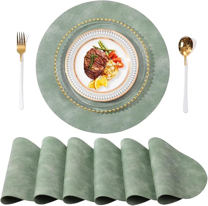 UnivoColors PU Leather Placemats Set of 6,15 Inches Round Washed Cowhide Pattern Table Mats for Dining Table, Kitchen, Party Decoration(Retro Green)
