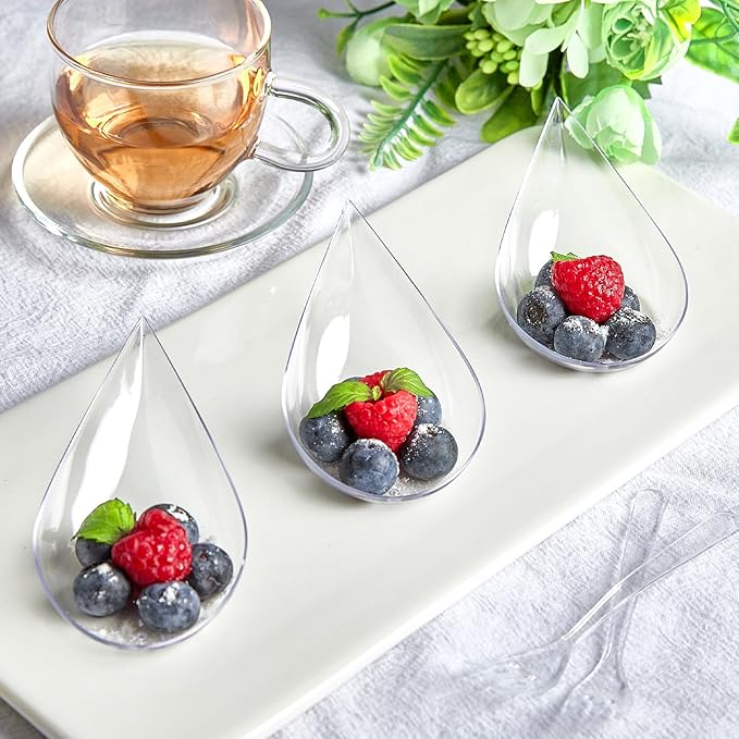 TOFLEN 100ct 4 Inch Tear Drop Mini Appetizer Plates, with Tasting Forks, Reusable Mini Desserts and Appetizers Dishes Tiny Serving Plate - Asian Spoon Set