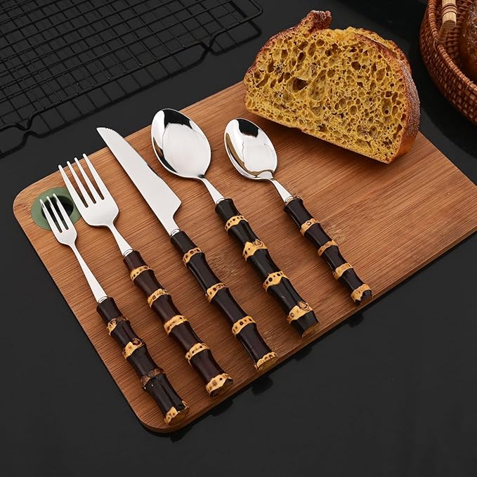 JASHII 20-piece Stainless Steel Flatware Cutlery Set Silverware Knife Fork Spoon Set Black Bamboo Handle Dishwasher Safe for Dinner Buffet