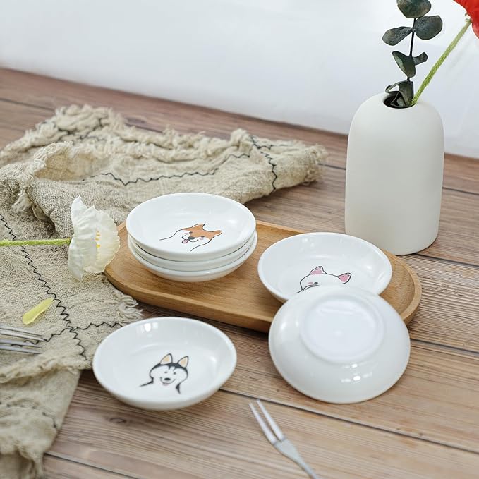 Funny Dogs Head and Butt Pattern Ceramic Sauce Dishes, Seasoning Dishes, Sushi Soy Dipping Bowls, Appetizer Plates, Dessert Plates, Little Cat Bird Feeding Bowls, Set of 6-Dogs-3.5 Inch