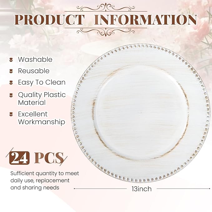 24 Pcs Vintage White Charger Plates Bulk, 13" Round Beaded Plate, Decorative Dinner Plastic Table Chargers for Wedding, Holiday Party, Baby Shower, Event Decoration