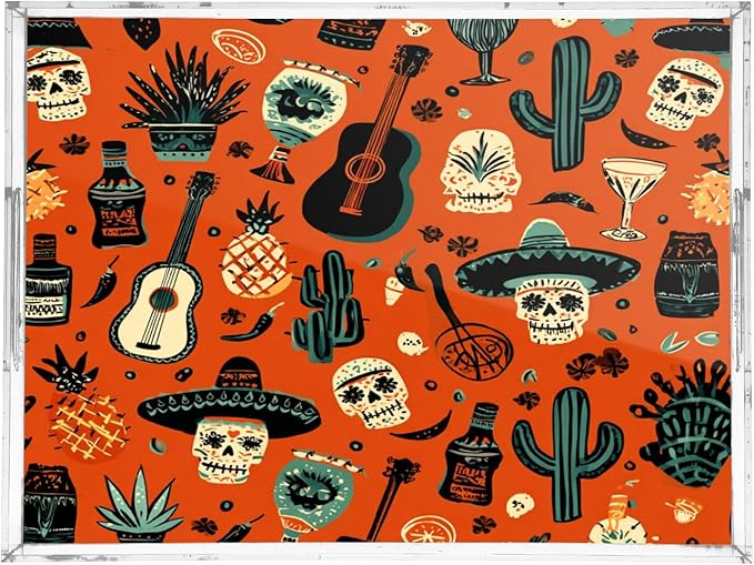 Serving Tray with Handles Clear Acrylic Tray 12x16 Inch Decorative Rectangular Tray Organizer for Ottoman Coffee Table Bathroom Deep Orange Day of The Dead Skull Cactus