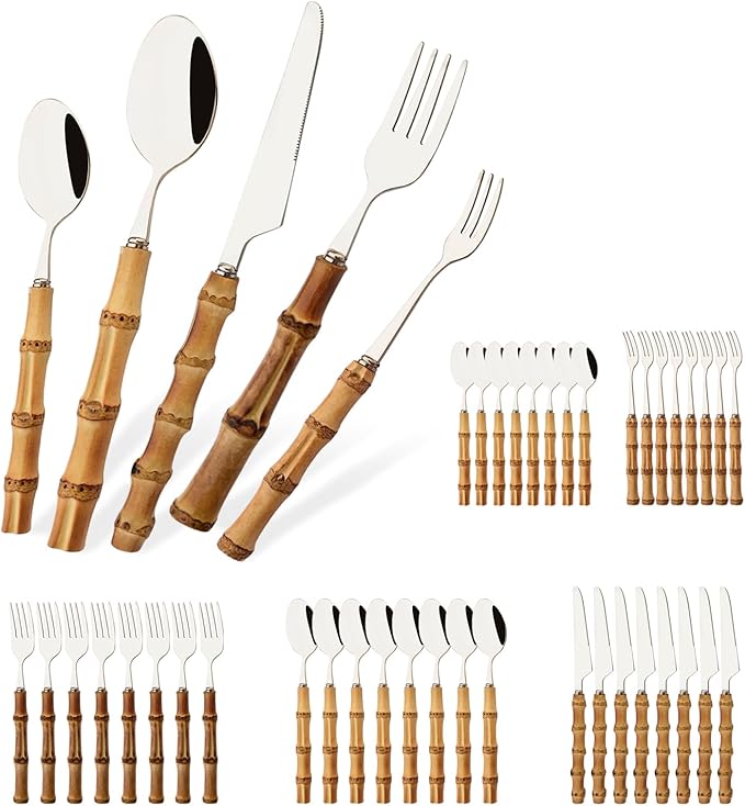 Mirror Polished Silverware Set for 8 - Bamboo Handle Cutlery Set - Stainless Steel Flatware Serving Set for Home Restaurant Wedding and Parties - 40 Pieces Eating Utensils