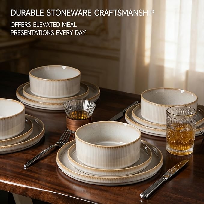 Stoneware Dinnerware Sets for 4, Stoneware Plates and Bowls Set, 12-Piece Ribbed Dishes – Chip & Scratch Resistant, Microwave and Dishwasher Safe Tableware, Warm White