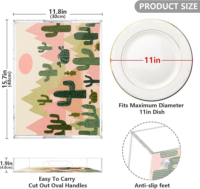 Serving Tray with Handles Clear Acrylic Tray 12x16 Inch Decorative Rectangular Tray Organizer for Ottoman Coffee Table Bathroom Boho Cacti Mountains Sun