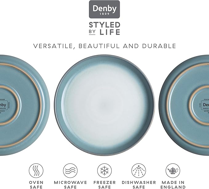 Denby - Azure Haze Coupe Small Plates Set of 6-6.75in Dishwasher Microwave Oven Safe - Reactive Blue Teal Glaze Appetizer Ceramic Stoneware Dinnerware Plates Set - Scratch Chip Resistant