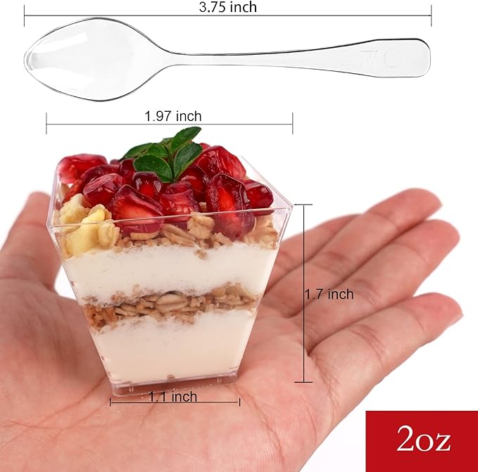 100 Pack 2 oz Mini Dessert Cups with Spoons, Square Clear Plastic Appetizer Cups, Reusable Parfait Cups, Small Dessert Bowls for Serving Fruit Ice Cream Pudding Yogurt