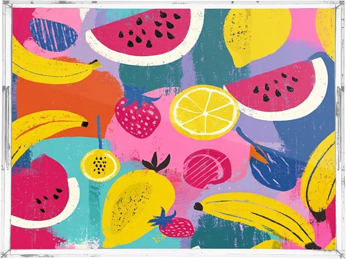 Serving Tray with Handles Clear Acrylic Tray 12x16 Inch Decorative Rectangular Tray Organizer for Ottoman Coffee Table Bathroom Colorful Watermelon Banana Strawberry Mango