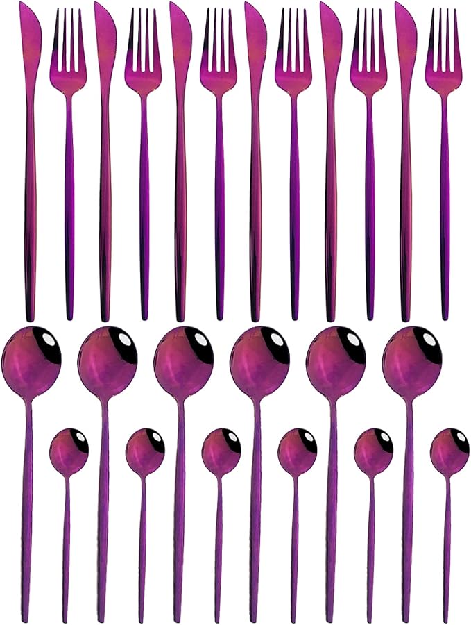 JASHII 24 Piece Titanium Purple Plated Stainless Steel Flatware Set, 24 Pieces Purple Silverware Set, Purple Cutlery Set, Service for 6 (Shiny Purple)