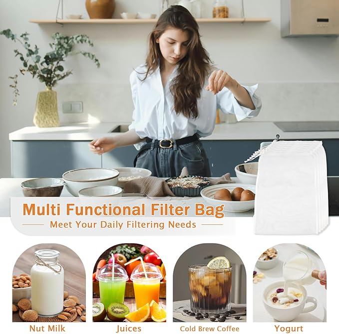 6 Pack Nut Milk Bag Reusable 6x8 Inches Food Strainers, Fine Nylon Mesh Nutmilk Mesh Bag for Straining Almond/Soy Milk, Greek Yogurt, Cold Brew Coffee, Tea, Beer; Celery Juice