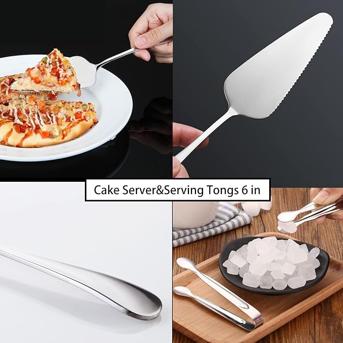 8 PCS Stainless Steel Serving Utensils, Large Serving Spoons Slotted Spoons, Forks, Ice Suger Tongs, Cake Server, Soup Ladle, Metal Utensils Set Great for Buffet Catering Banquet Party, Silver