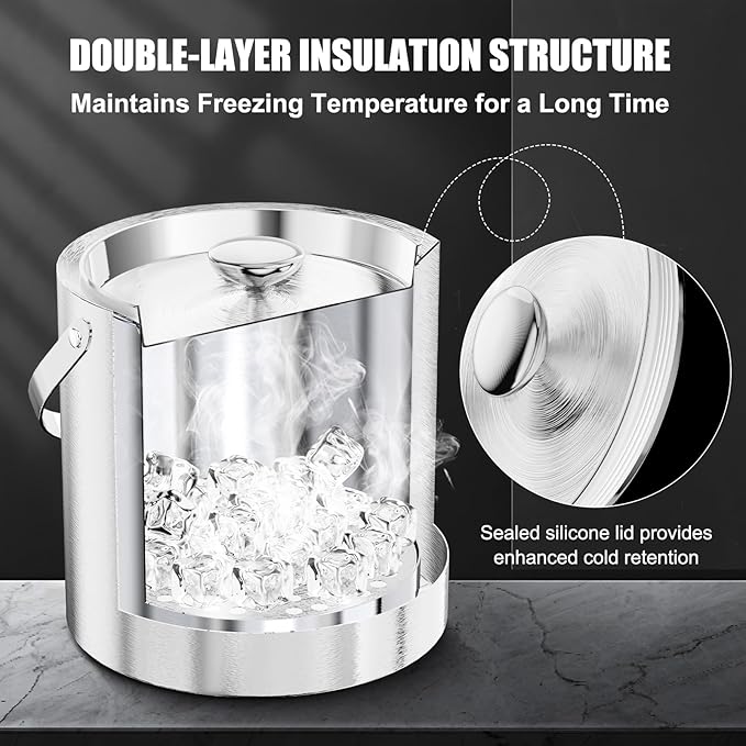 IOV Ice Bucket with Lid, Scoop, Tongs, and Strainer, 3 L Stainless Steel Double Wall Insulated Ice Bucket for Parties, Keeps Ice Frozen Longer, Ideal for Cocktail Bars, Freezers, and Wine - Silver