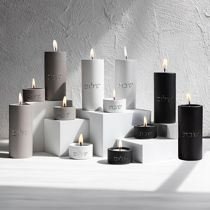 SURI Shabbat Candle Holders Set – Modern Judaica Shabbat Candlesticks for Tea Lights – Concrete Shabbos Candles Holders, Dripless Design – Jewish Gift & Home Decor