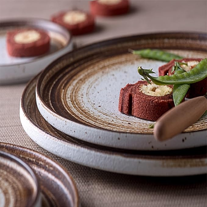 Ceramic Dinnerware Set, Dishes Set, 22 Pcs Brown Gradient Plates and Bowls Sets, Tableware Combination Set, Handpaint Spiral Texture Dinner Set with Glaze Dot, Service for 4