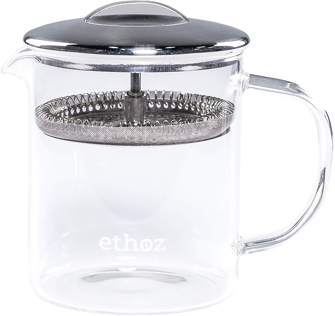 ethoz® Glass Tea Brewer – Premium Loose-Leaf Infuser, Borosilicate Chamber, Stainless Steel Strainer, 14 fl.oz. / 400 mL, Minimalist Design, Sustainable & Easy to Clean