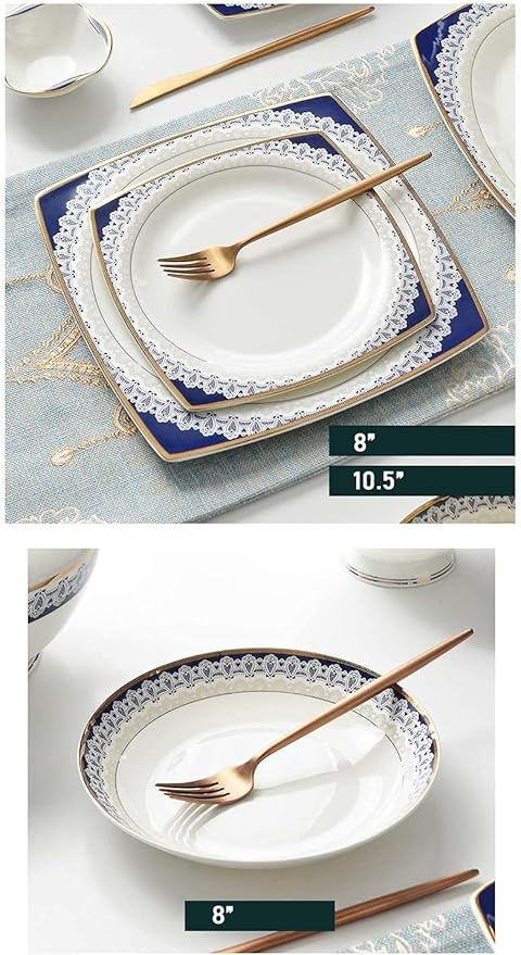 Dinnerware Sets - Luxury Gift Dishes Service Set, 60-Piece Bone China Blue and White Dinnerware Set Nordic Style and Luxury Designed Tableware Set Service for 8 Peopl,