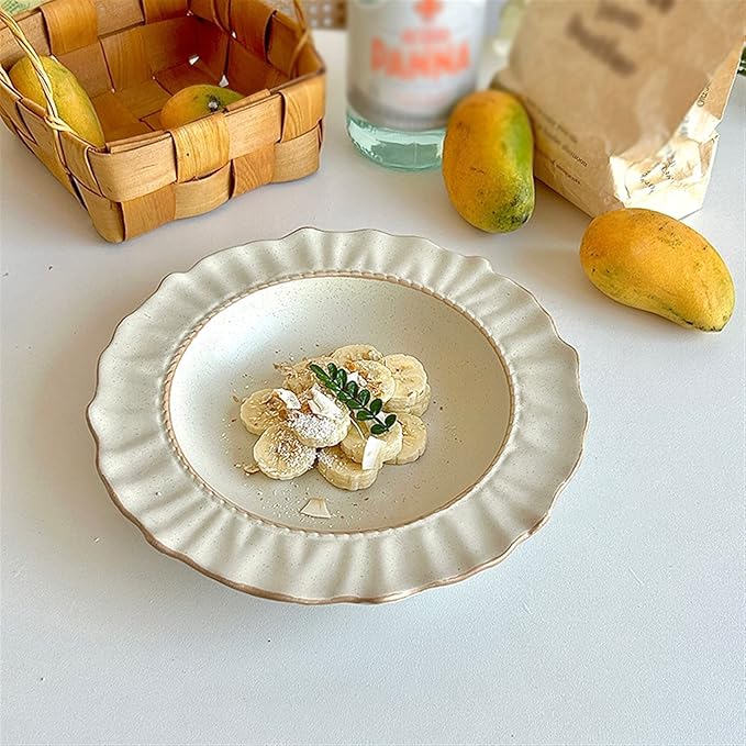 Ceramic cutlery Ceramic Lace Dining Plate Home Dinner Deep Plate Restaurant Cafe Dessert Plate Salad Disc Solid Color Flat Plate Simple Ceramic Disc Home dining plate (Color : Beige)
