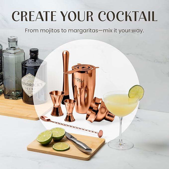 Mixology & Craft 11-Piece Cocktail Shaker Set with Wood Stand | Complete Cocktail Kit Gift Set | Top Bartender Gifts for Men & Women | Leak-Proof Tools (Copper)
