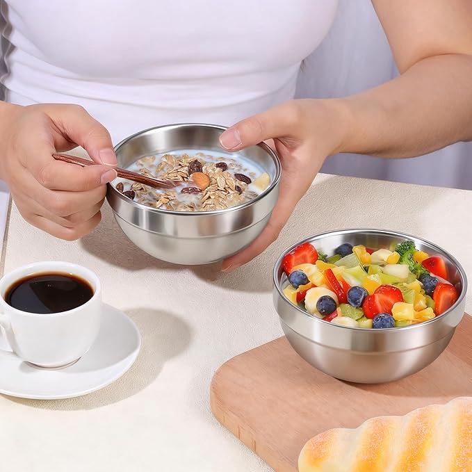 6 Pcs 18/8 Stainless Steel Bowls 17 Oz Double Walled Insulated Soup Bowls 5 Inch Metal Serving Eating Bowl Snack Cereal Bowl for Soup Cereal Ice Cream Rice Salad Snacks