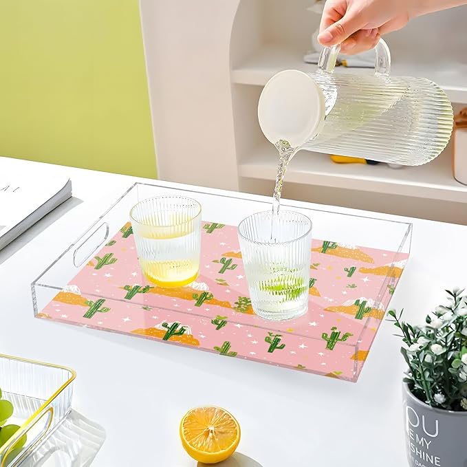 Serving Tray with Handles Clear Acrylic Tray 12x16 Inch Decorative Rectangular Tray Organizer for Ottoman Coffee Table Bathroom Pink Cacti Mountains and Stars