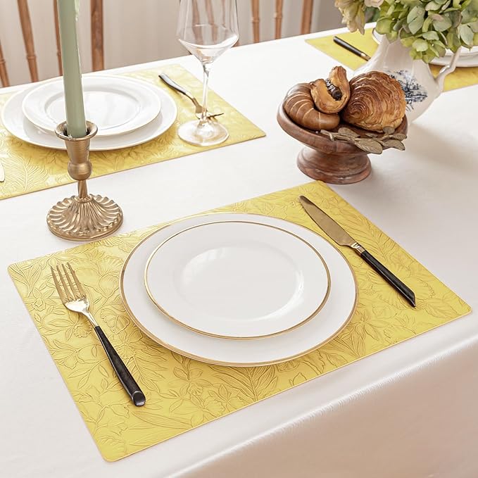 Romanstile Vinyl Placemats Set of 6-12 X 17 Inch - Heat Resistant Non-Slip Embossed Floral Place Mats 100% Waterproof Oilproof Wipeable Faux Leather Table Mats for Kitchen/Dining/Party, Yellow