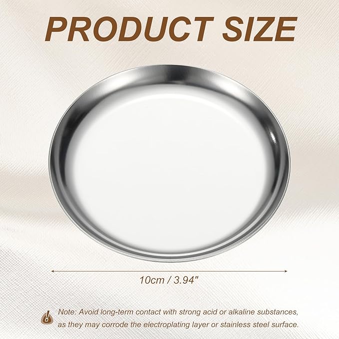 uxcell Round Serving Trays, 3.94" Stainless Steel Decorative Jewelry Dish, Small Vanity Tray for Bathroom Aromatherapy Candle Drink Plate,Silver
