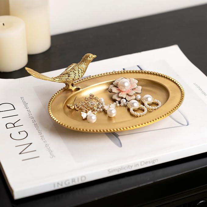 Bird Brass Jewelry Dish Tray,Gold Decorative Ring and Trinket Holder-Decorative Trinket Dish for Rings Earrings Necklaces Bracelet Watch Keys, Birthday Mother's Day Christmas Gift for Women