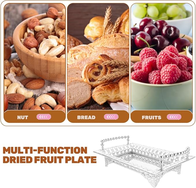 Metal Iron Fruit Serving Tray with Glass Stand, Rectangle Glitter Party Tray Dry Nut Dish with 2 Handle Veggie Candy Bowl for Table Dessert Snack Silver, 10.6X7X2.4in