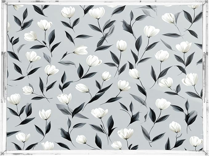 Serving Tray with Handles Clear Acrylic Tray 12x16 Inch Decorative Rectangular Tray Organizer for Ottoman Coffee Table Bathroom Light Gray Tulip Flowers