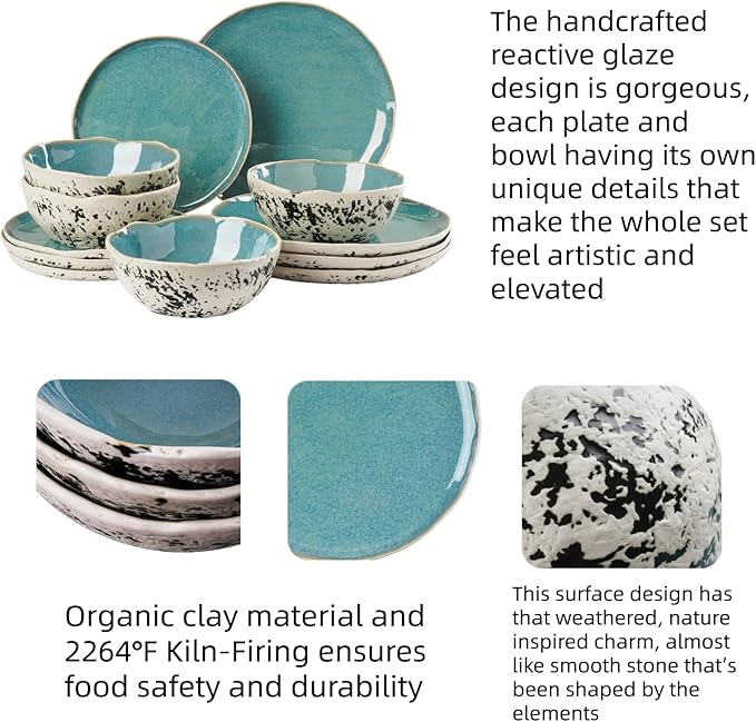 12pcs Dinnerware Set Service for 4, Handmade, Stoneware,Ceramic, Dish Set, Plates and Bowls set, Dinner Set, Reactive Glazed, Microwave and Dishwasher Safe (BLUE)