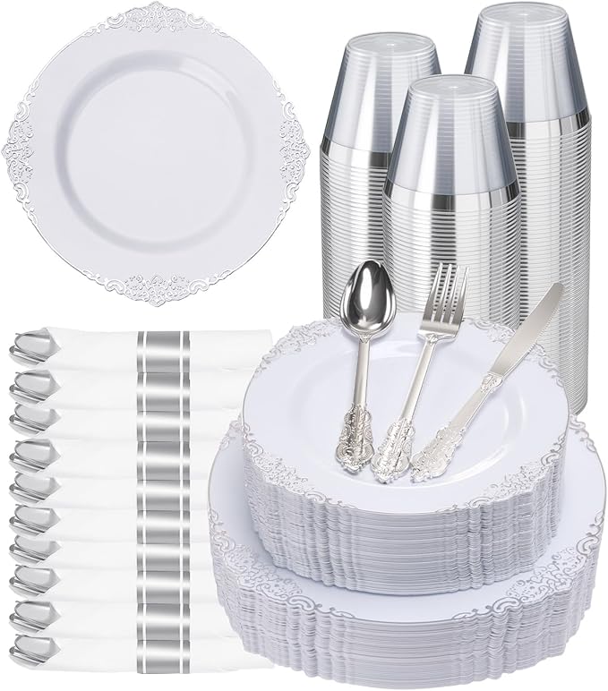 Goodluck 350 Piece Silver Plastic Dinnerware Set for 50 Guests, Fancy Disposable Plates, Include: 100 Silver Rim Plastic Plates, 150 Silverwares, 50 Pre Rolled Napkins, 50 Cups for Party, Wedding