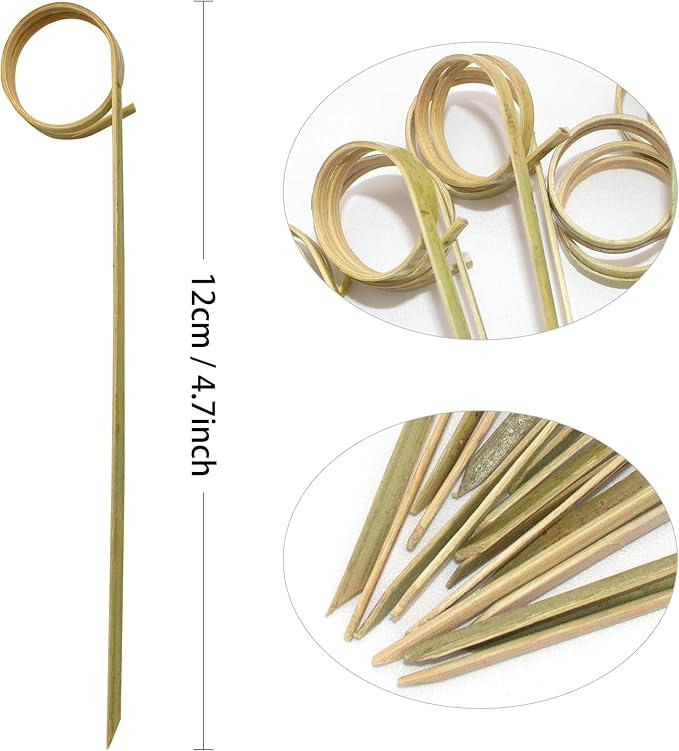 100pcs 4.7 IN Bamboo Cocktail Picks with Ring Knot,Nature Color,for Cocktail Party, Barbeque, Club Sandwiches