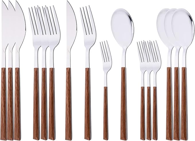 Silverware Set for 4, 16-Piece Stainless Steel Flatware Cutlery Set, Tableware Eating Utensil Set with Wooden Effect Handle, Include Knife Fork Spoon, Mirror Polished, Dishwasher Safe