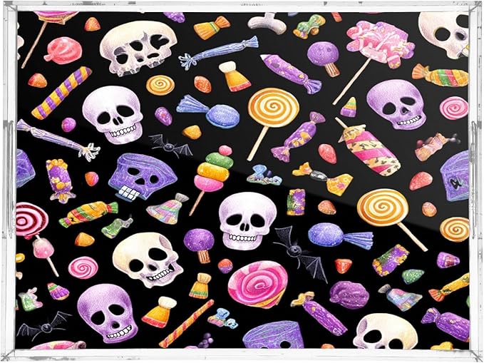 Serving Tray with Handles Clear Acrylic Tray 12x16 Inch Decorative Rectangular Tray Organizer for Ottoman Coffee Table Bathroom Halloween Skulls Lollipops Candies