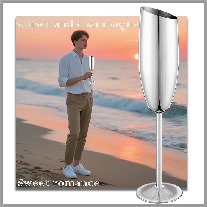 Champagne Flutes Set of 2, Premiumty Stainless Steel High Footed Champagne Glasses, 7oz Capacity,Unbreakable Slanted Champagne Glasses
