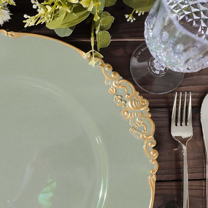 13" Charger Plates -Set of 24 - Acrylic Dusty Sage Green Round Baroque Disposable Chargers Leaf Embossed Rim, Ideal for Dinner Party Wedding Bulk Events