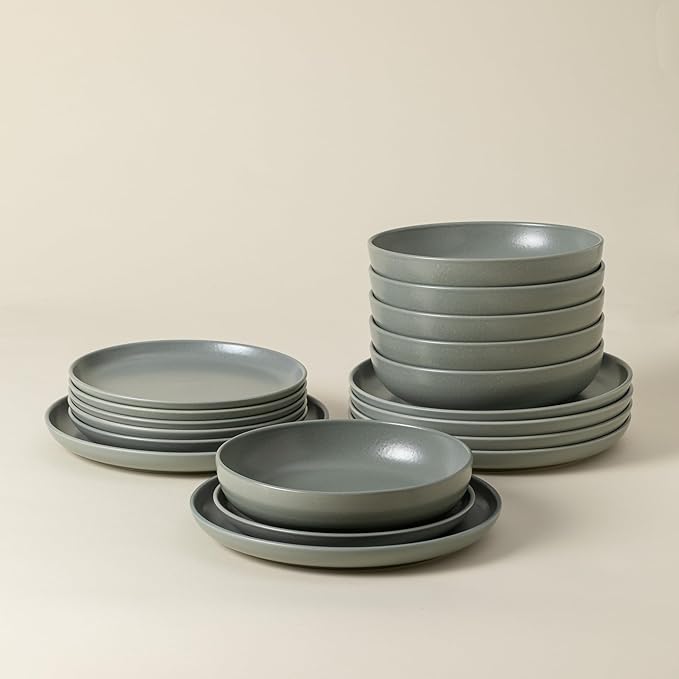 Casafina Ceramic Stoneware 18-Piece Place Setting Service for 6 with Pasta Bowls - Pacifica Collection, Artichoke Green | Microwave & Dishwasher Safe Dinnerware Set | Restaurant Quality Tableware