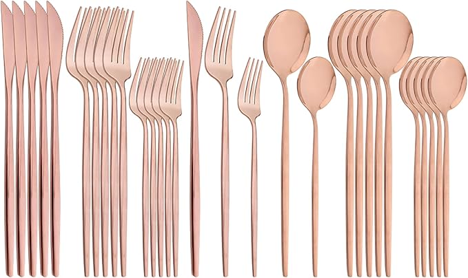 30Pcs Copper Simplicity Mirror Finished Cutlery Set, 18/0 Stainless Steel Daily Use Silverware Kitchen Home Restaurant Party Dessert Flatware Set Include Knife/Fork/Spoon, Service For 6