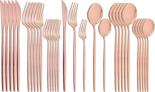 30Pcs Copper Simplicity Mirror Finished Cutlery Set, 18/0 Stainless Steel Daily Use Silverware Kitchen Home Restaurant Party Dessert Flatware Set Include Knife/Fork/Spoon, Service For 6
