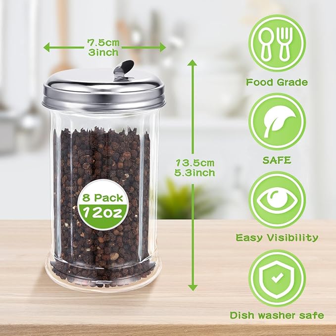 Mimorou 8 Pcs Glass Sugar Shaker Pourer Dispenser 12 oz Retro Style Sugar Pour Dispenser Container Vintage Glass Jar with Stainless Steel Lid for Coffee Bar