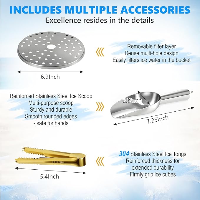 Ice Bucket, Ice Bucket with Silicone Sealing Ring Double-Wall Vacuum Insulation Champagne Buckets with Filter Layer Ice Tongs Ice Scoop (Beige, 3 L)