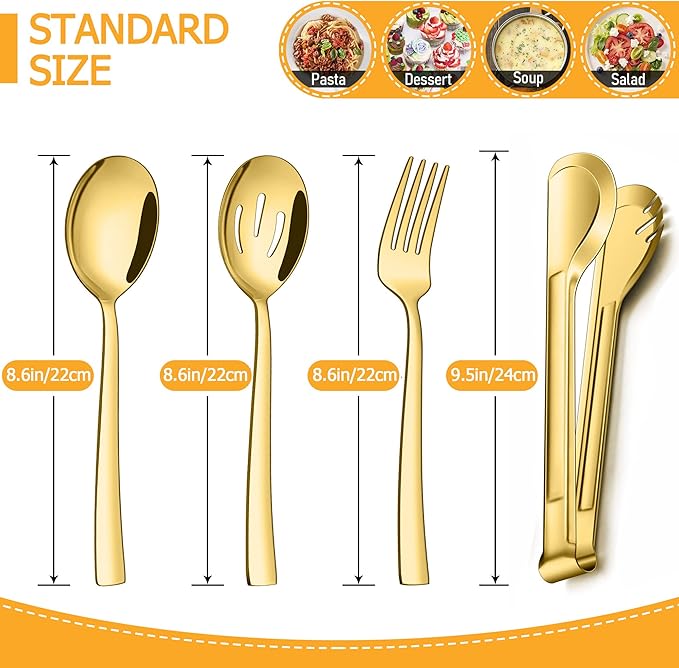 LIANYU Gold Serving Utensils Set of 8, Stainless Steel Serving Spoons, Slotted Spoons, Serving Forks, Metal Tongs for Kitchen Buffet Party Banquet Entertaining, Mirror Finished, Dishwasher Safe