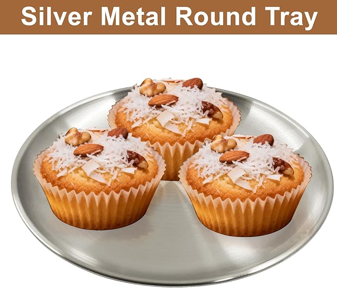 Piutouyar 26 cm / 10.24 Inch Round Serving Tray, Stainless Steel Circular Metal Platter, Decorative Tray Silver Dinner Dishes for Kitchen, Bathroom, Home