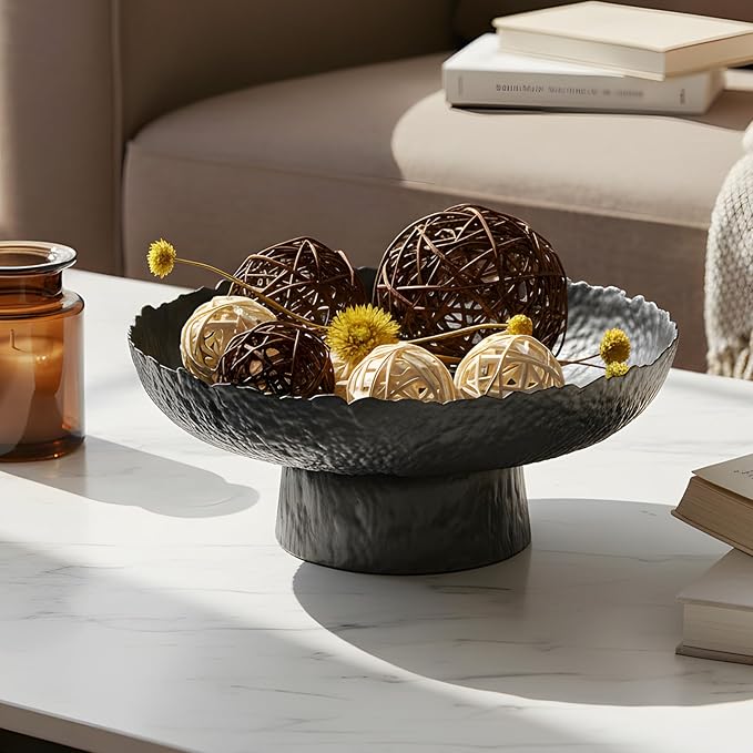 Large Glass Fruit Bowl for Kitchen Counter Decorative Centerpiece Bowl for Table Home Déco, Black Hammered