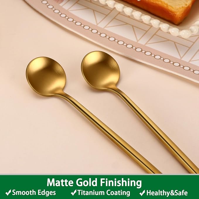 Satin Gold 6.7 Inches Coffee Spoon,4 Pieces Stainless Steel 18/10 Tea Spoons Set,Solid Round Handle Coffee Stirring Spoon,Durable Dishwasher Safe Long Handle Ice Cream Spoons,Teaspoon