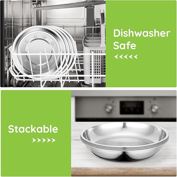 Patterned Deep Metal Camping Plates, 4 Pack 9.4 inch 201 Stainless Steel Plates, Reusable Pizza Food Serving Snack Eating Salad Dishes Round Shatterproof Silver Dinnerware Dinner Oven Safe