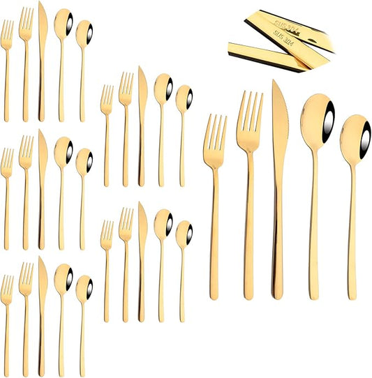 Knives and Forks Set Flatware Set Korean Silverware SUS304 Stainless Steel Kitchen Dinnerware Portable Utensils for Home, Camping Restaurant Christmas Gift - Shiny Gold