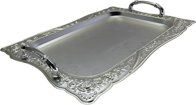 (Pack of 2) 14.2 inch x 10.2 inch Rectangular Chrome Serving Tray with Handles Vintage Floral Edge Engraved Decorative Wedding Birthday Buffet Party Wine Plate Platter Base CC-409